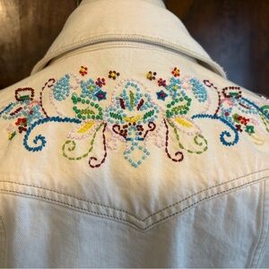 Vintage Old Navy Distressed and Bead-Embroidered Ecru Jean Jacket